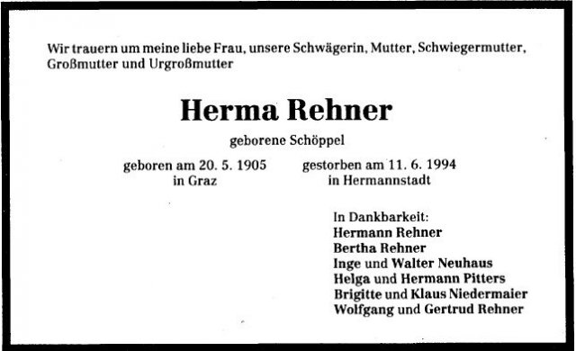 Schoeppel Hermine Emma 1905-1994 Todesanzeige